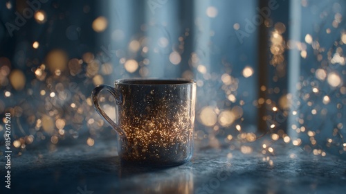 A glowing mug illuminated by warm fairy lights with soft bokeh, creating an elegant and cozy winter atmosphere.