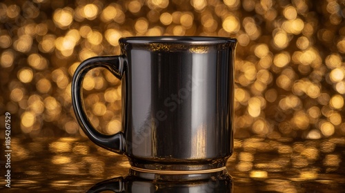 A sleek black ceramic mug with reflective highlights sits against a golden bokeh background, showcasing luxury and elegance in a high-end commercial aesthetic.