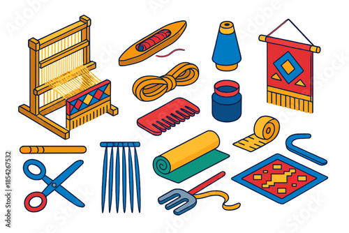 Artisan Weaving Tools. Isometric vector illustration set Artisan Weaving: large loom, shuttle stick with bobbin, thread cone,