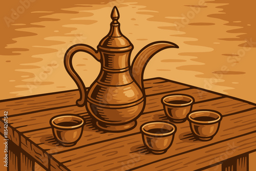 Middle Eastern Coffee Set. Rustic Middle Eastern coffee pot with small cups arranged on a wooden table, warm golden tones