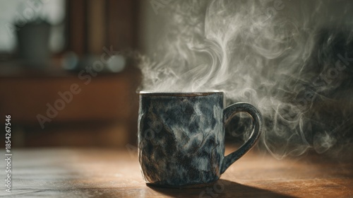 A steaming ceramic mug on a wooden table, captured in warm side lighting with a cozy, inviting atmosphere.
