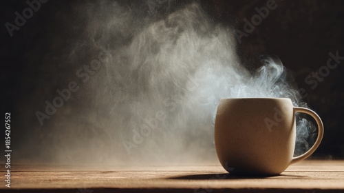 A steaming ceramic mug on a wooden table illuminated by dramatic side lighting, creating a warm and cozy atmosphere with visible swirling steam.