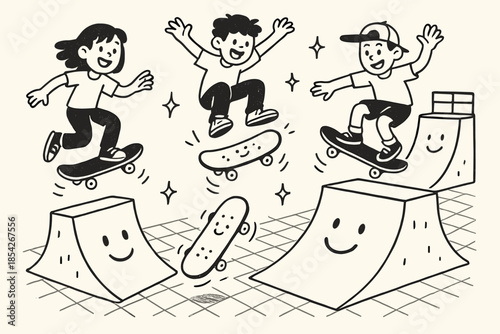 Cartoon Skate Park Fun. Playful doodle skate park with smiling ramps, cartoon skateboards bouncing, cheerful teens performing