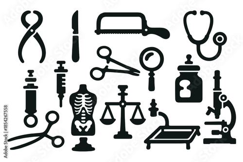 Antique Medical Tool Icons. Solid style icons of Antique medical tools: caliper, scalpel, bone saw, stethoscope, glass syringe,