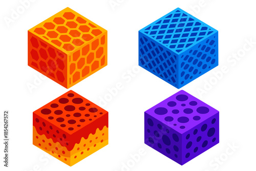 Vibrant Scaffold Designs. Isometric vector illustration set Custom Scaffold Designs: Honeycomb structure, fiber mesh pattern,