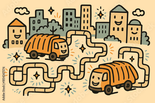 Cheerful Urban Energy Doodle. Playful doodle urban energy recovery scene with cheerful cityscape, smiling waste trucks, cartoon