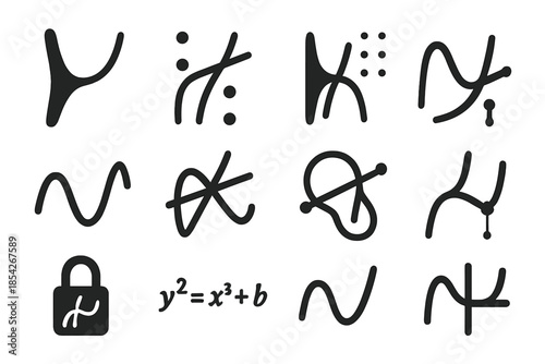 Elliptic Curve Icons. Solid style icons of elliptic curves: elliptic curve graph, rational points, tangent line, curve with