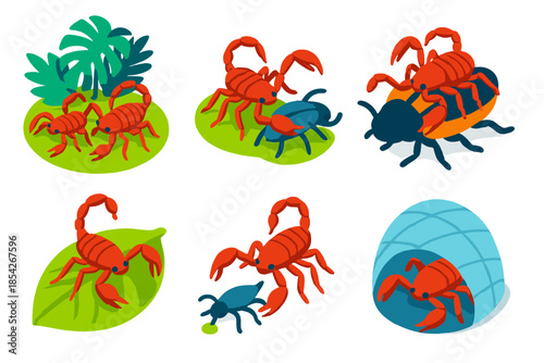 Pseudoscorpion Adventure Icons. Isometric vector illustration set Pseudoscorpions: tropical pseudoscorpions, prey capture, riding