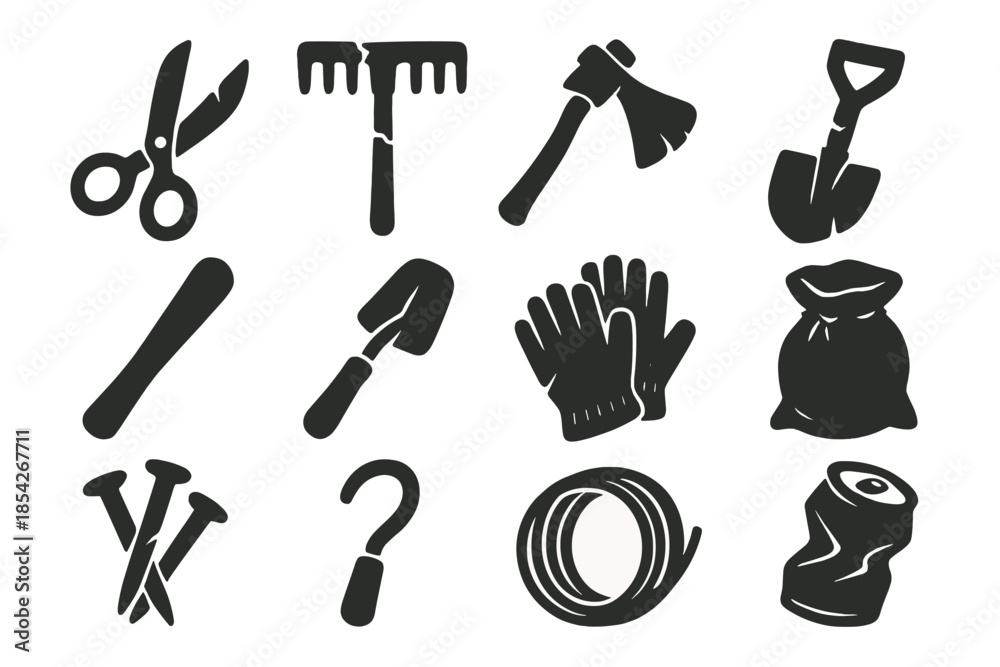 Obraz premium Forgotten Garden Tools. Solid style icons of Forgotten Tools: Rusty Scissors, Cracked Rake, Old Hoe, Broken Spade, Wooden Handle,