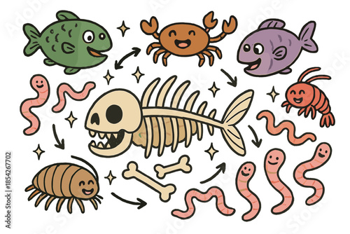 Deep Sea Doodle. Playful doodle deep-sea scavenger succession with happy fish and crustaceans, cartoon worms and amphipods