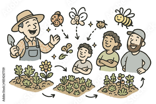 Cheerful Farming Workshop. Playful doodle farmer workshop with cheerful participants, cartoon polyculture plots, smiling