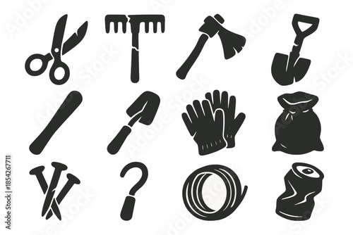 Forgotten Garden Tools. Solid style icons of Forgotten Tools: Rusty Scissors, Cracked Rake, Old Hoe, Broken Spade, Wooden Handle,