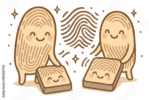 Playful Fingerprint Analysis. Cute doodle fingerprint analysis with happy fingers pressing on smiling scanners, cartoon ridge