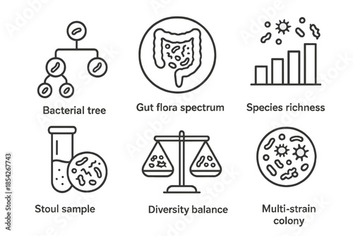 Microbial Diversity Icons. Line style icons of Microbial Diversity: bacterial family tree, gut flora spectrum, species richness