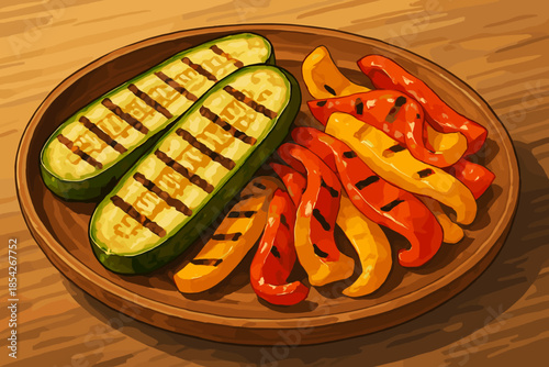 Grilled Vegetable Delight. Freshly grilled zucchini and bell peppers served on a rustic wooden plate, vector illustration vibrant