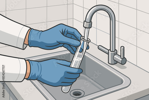 Blue-Gloved Lab Task. Hands vector illustration wearing blue gloves performing a lab task over a sink, clean and professional