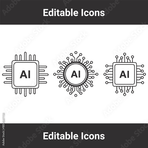 AI chip icons set featuring artificial intelligence microprocessor line art on white background