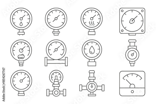 Industrial Gauge Icons. Line style icons of industrial gauges: oil pressure meter, boiler dial, steam gauge, torque meter;