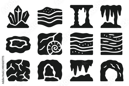 Geological Formations Icons. Solid style icons of Geological formations: crystal cluster, limestone layer, cave column, flowstone,