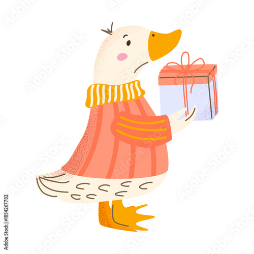 Cute duck wearing sweater with gift. Winter duck character. Christmas animal isolated on white background. Vector illustration