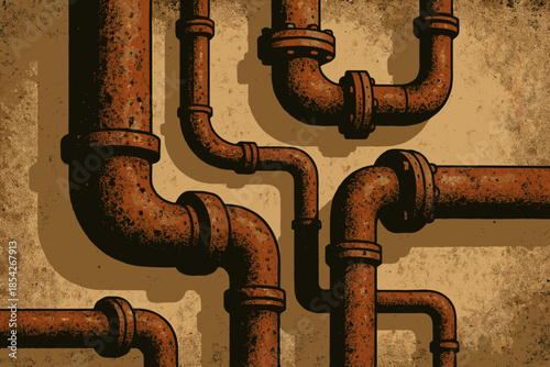 Rusty Industrial Aesthetic. Industrial pipes with rusted textures and dramatic shadows, gritty and vintage, muted earthy tones,