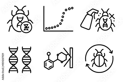 Pesticide Resistance Icons. Line style icons of Pesticide Resistance: mutation symbol on bug, resistant population graph, spray