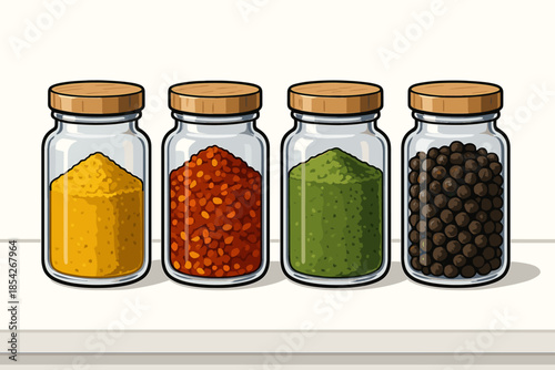 Vibrant Spice Jars. Glass jars of vibrant spices arranged vector illustration on a clean white table, sharp details and organized