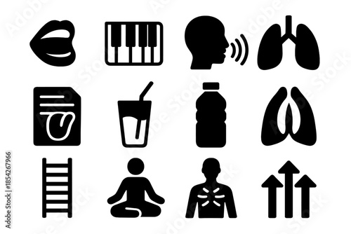 Vocal Warmup Icons. Solid style icons of vocal warmups: singer mouth, scale piano, humming sound wave, breathing exercise lungs,