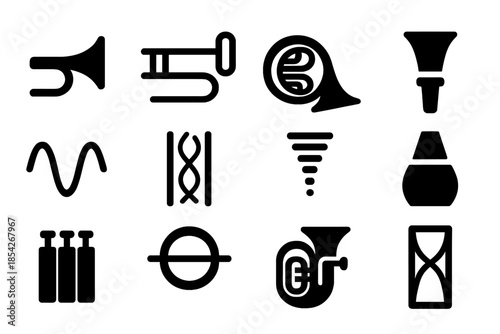 Brass Instrument Harmonics Icons. Solid style icons of brass instrument harmonics: trumpet bell, trombone slide, French horn coil,