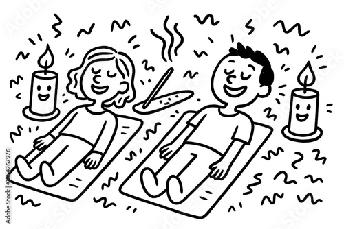 Playful Therapy Doodle. Playful doodle holistic therapy session with smiling characters lying on mats, cheerful candles and