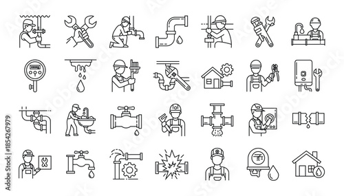 Plumbing Line Icon Set with Plumber Tools, Pipes, Repairs and Maintenance Symbols