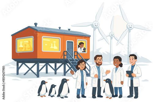 Research Station with Penguins. Modern research station with friendly scientists, glowing labs, wind turbines smiling, and