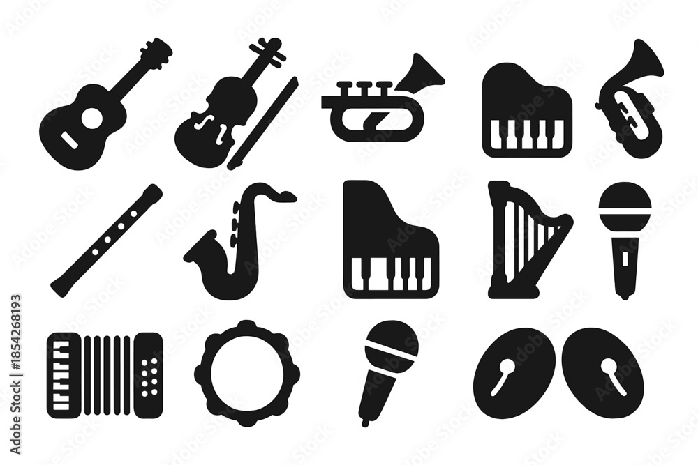Obraz premium Music Instrument Icons. Solid style icons of Music instruments: guitar, violin, drum, trumpet, flute, saxophone, piano, harp,
