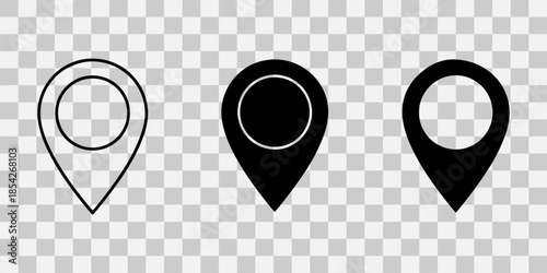 Set of black map pin icons on transparent background