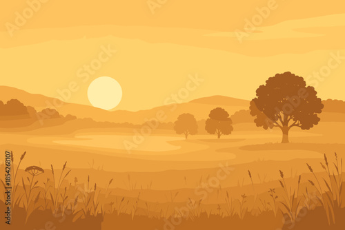 Sunrise Over Misty Meadow. Scenic vector illustration sunrise over a peaceful meadow with soft mist covering the ground, golden