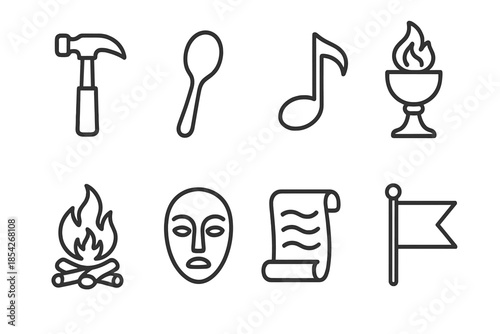 Ethnographic Line Icons. Line style icons of Ethnography: Tool Use, Local Dialect, Social Learning, Customary Practice; Hammer,