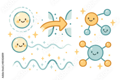 Joyful Quantum Interaction. Adorable doodle quantum effect in biology with smiling electrons, cartoon tunneling arrows, cheerful