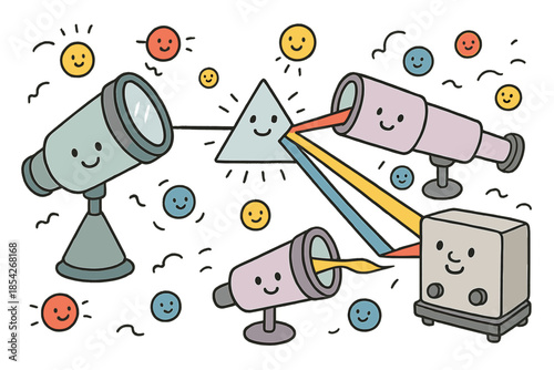 Whimsical Doodle Laboratory. Whimsical doodle laboratory with smiling telescopes, happy prisms splitting beams, cheerful detectors