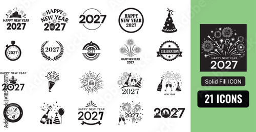 New Year 2027 celebration icons and logos set