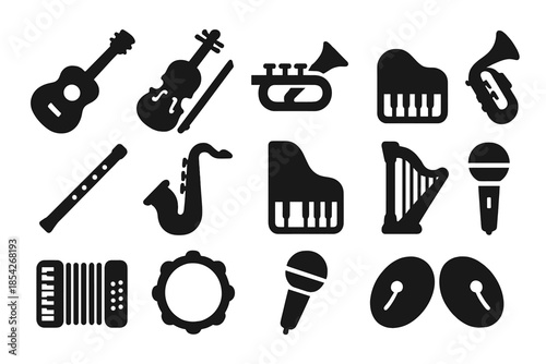 Music Instrument Icons. Solid style icons of Music instruments: guitar, violin, drum, trumpet, flute, saxophone, piano, harp,