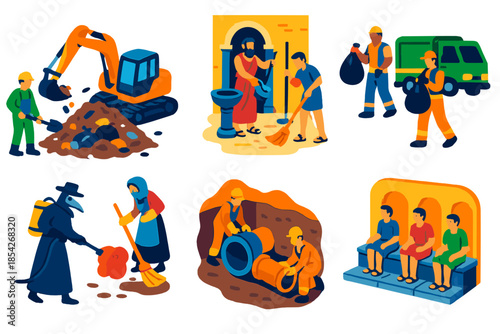 Waste Management Evolution. Isometric vector illustration set History of waste management: landfill excavation, Roman urban