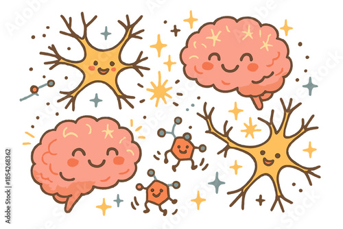 Smiling Brain Activity. Magical doodle cognitive enhancement study with smiling brains, cartoon stimulant molecules bouncing,