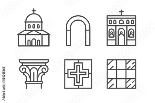 Architectural Icons Line Art. Line style icons of Architectural Influences: domed basilica, rounded arch, iconostasis screen,