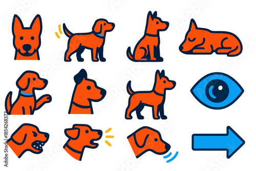 Canine Body Language Icons. Flat vector icons of canine body language and cues: ear perk, tail wag, sitting posture, lying down,