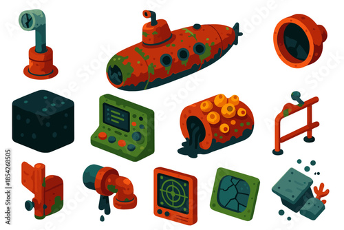 Abandoned Submarine Icons. Isometric vector illustration set Abandoned Submarine: shattered periscope, oxidized hull, empty