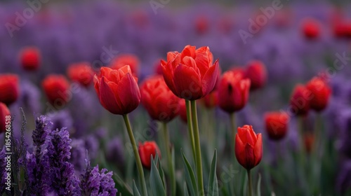 Bright red tulips grow tall among a sea of purple flowers in a garden scene. The flowers bloom in spring showcasing their colors in the daylight. Bees buzz around freely as they pollinate.
