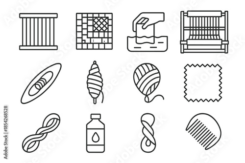 Textile Craft Icons. Line style icons of Textile Craft: Reed, Pattern, Dye, Traditional Technique; Loom, Shuttle, Spindle, Yarn;