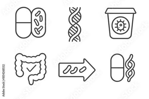 Probiotics and Prebiotics Icons. Line style icons of Probiotics and Prebiotics: capsule with bacteria, dietary fiber strand,