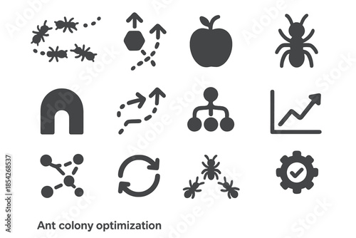 Ant Colony Optimization Icons. Solid style icons of ant colony optimization: ant trail, pheromone path arrows, food source icon,