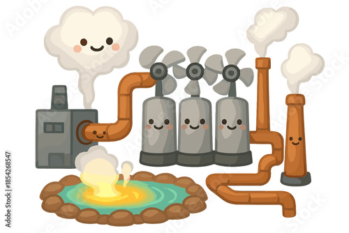 Smiling Geothermal Energy. Geothermal power plant with smiling turbines, glowing hot springs, and friendly pipes carrying steam No